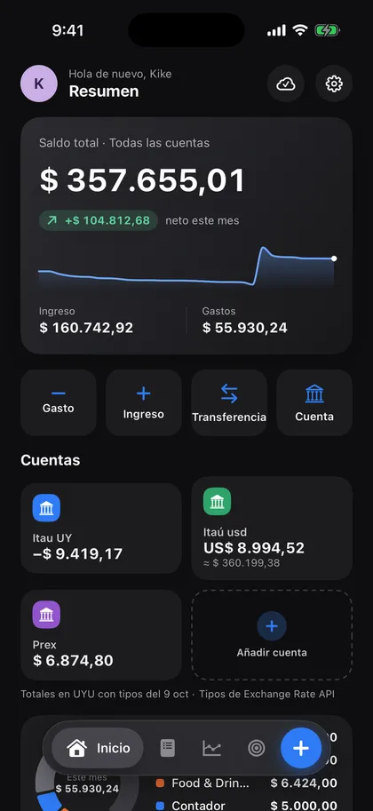 Pantalla de inicio de Guita: saldo total de las cuentas, ingresos y gastos del mes