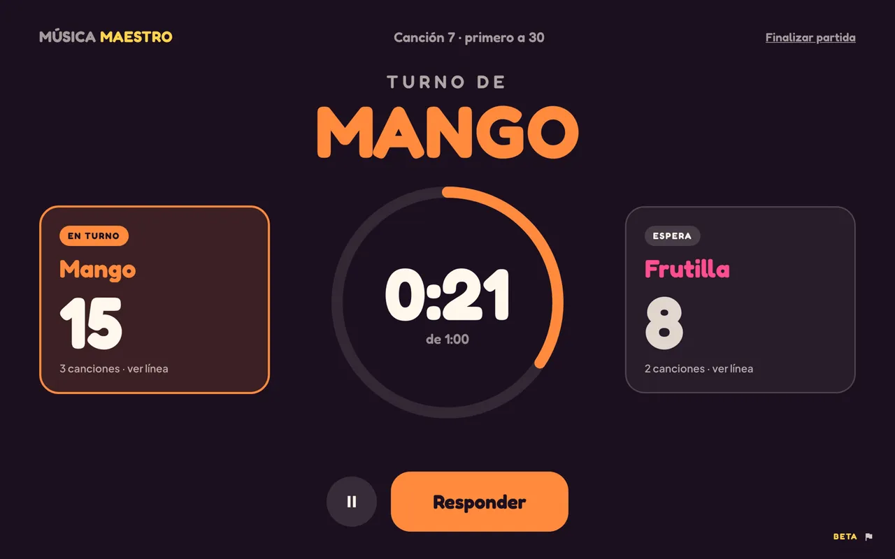 Música Maestro en el navegador: turno de Mango, con la cuenta regresiva de la canción entre los puntajes de los dos equipos